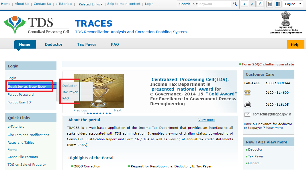 TRACES Registration Home page