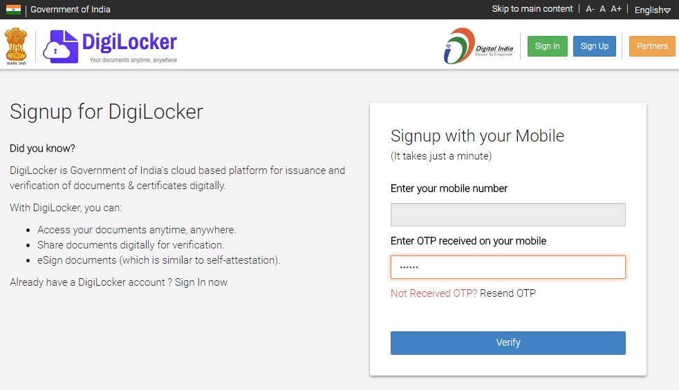 digilocker registration step 2 enter otp