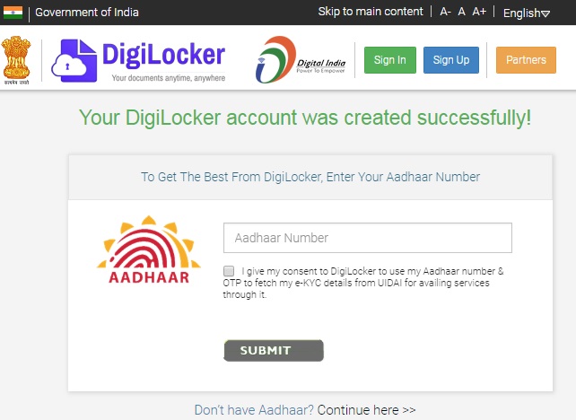 digilocker registration step 4 account login successfully