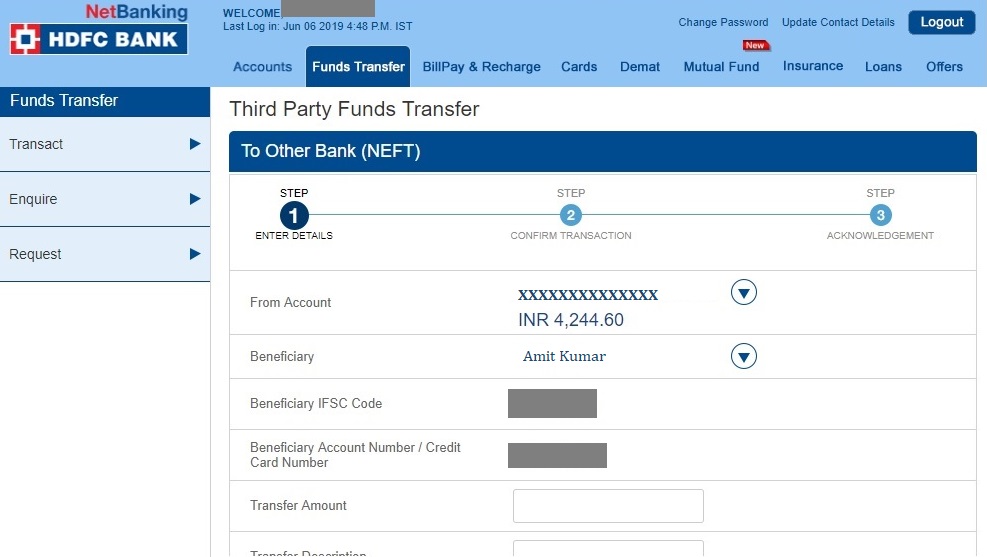 3-HDFC Netbanking Fund Transfer NEFT
