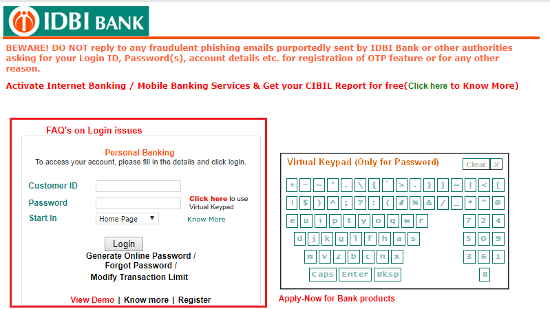 IDBI Bank Net banking login 3