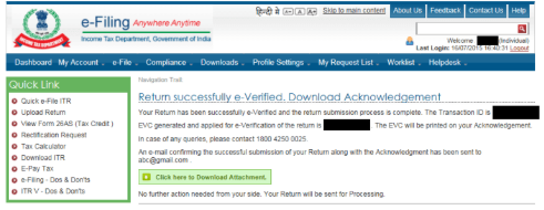 successfully e-verified ITR