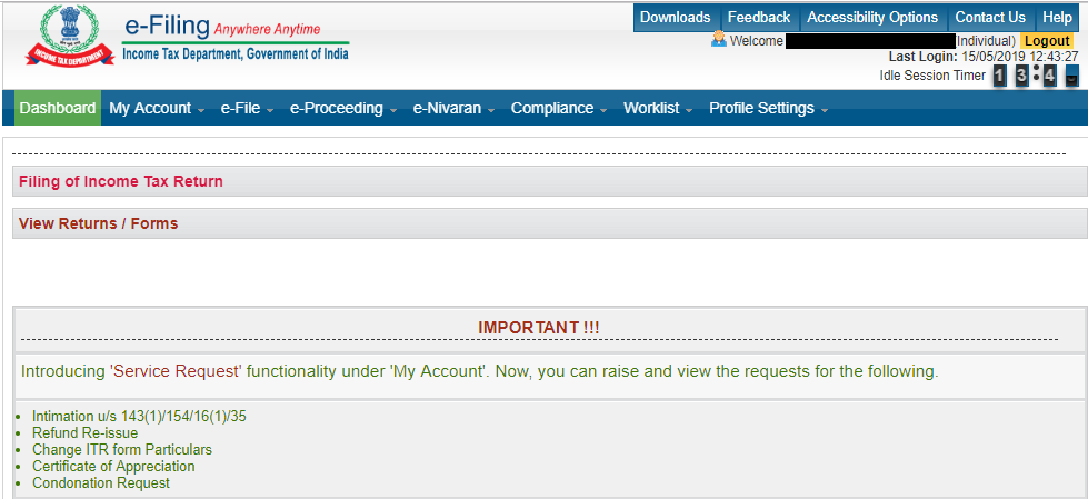 Income Tax department e-filing dashboard
