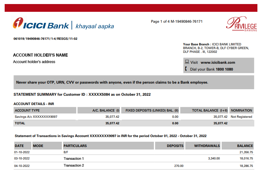 ICICI Bank Statement Format